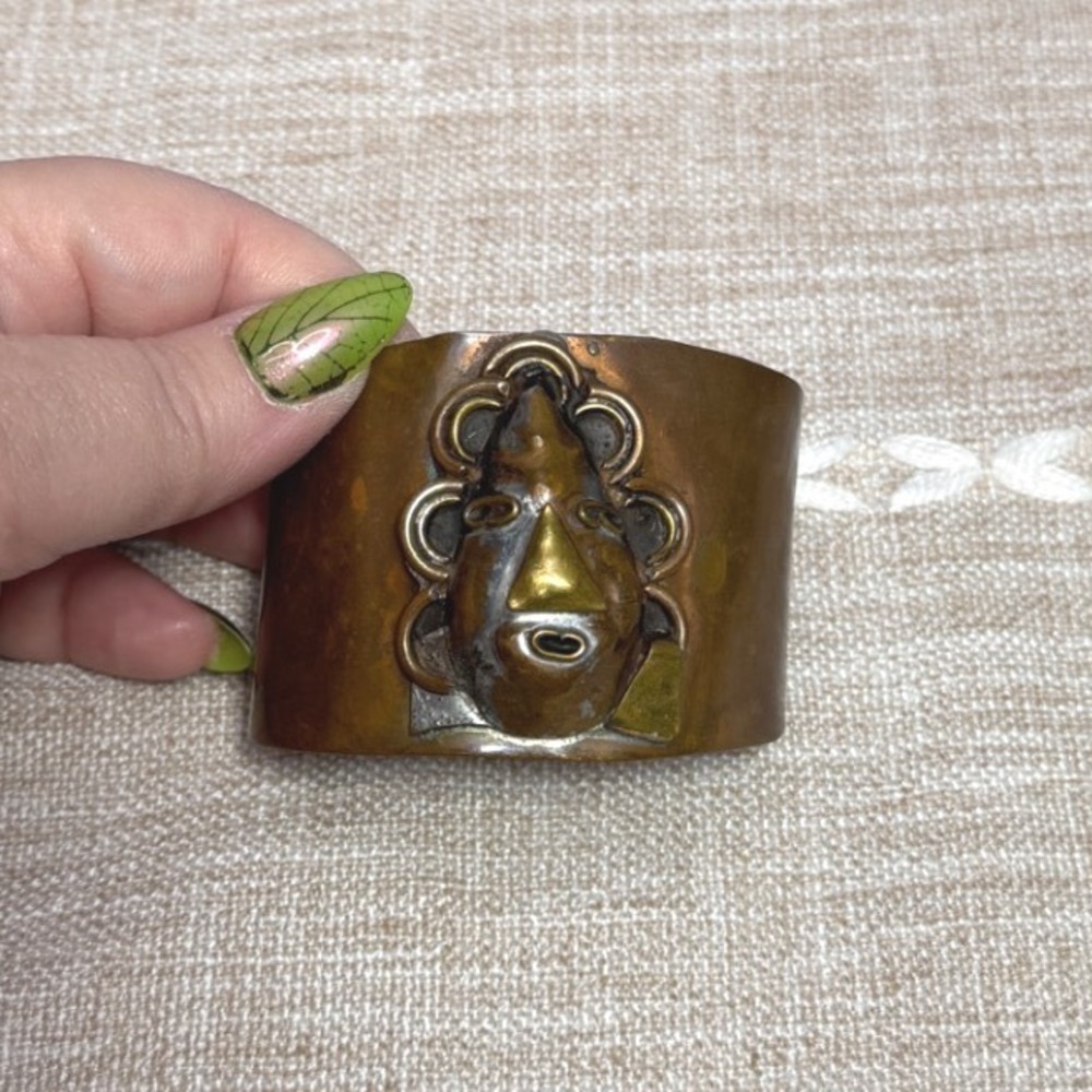 Vintage Copper Tribal Mask Cuff Bracelet Mixed Metal Brutalist Artisan Jewelry